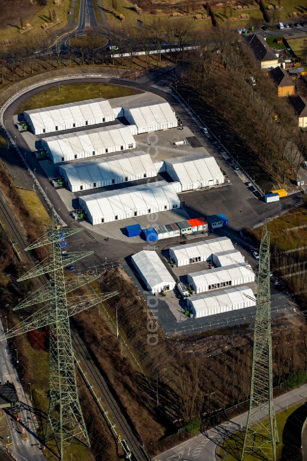 Aerial photograph Essen - Refugees Home camp as temporary shelter in former stadium Mathias Stinnes in Essen in the state North Rhine-Westphalia