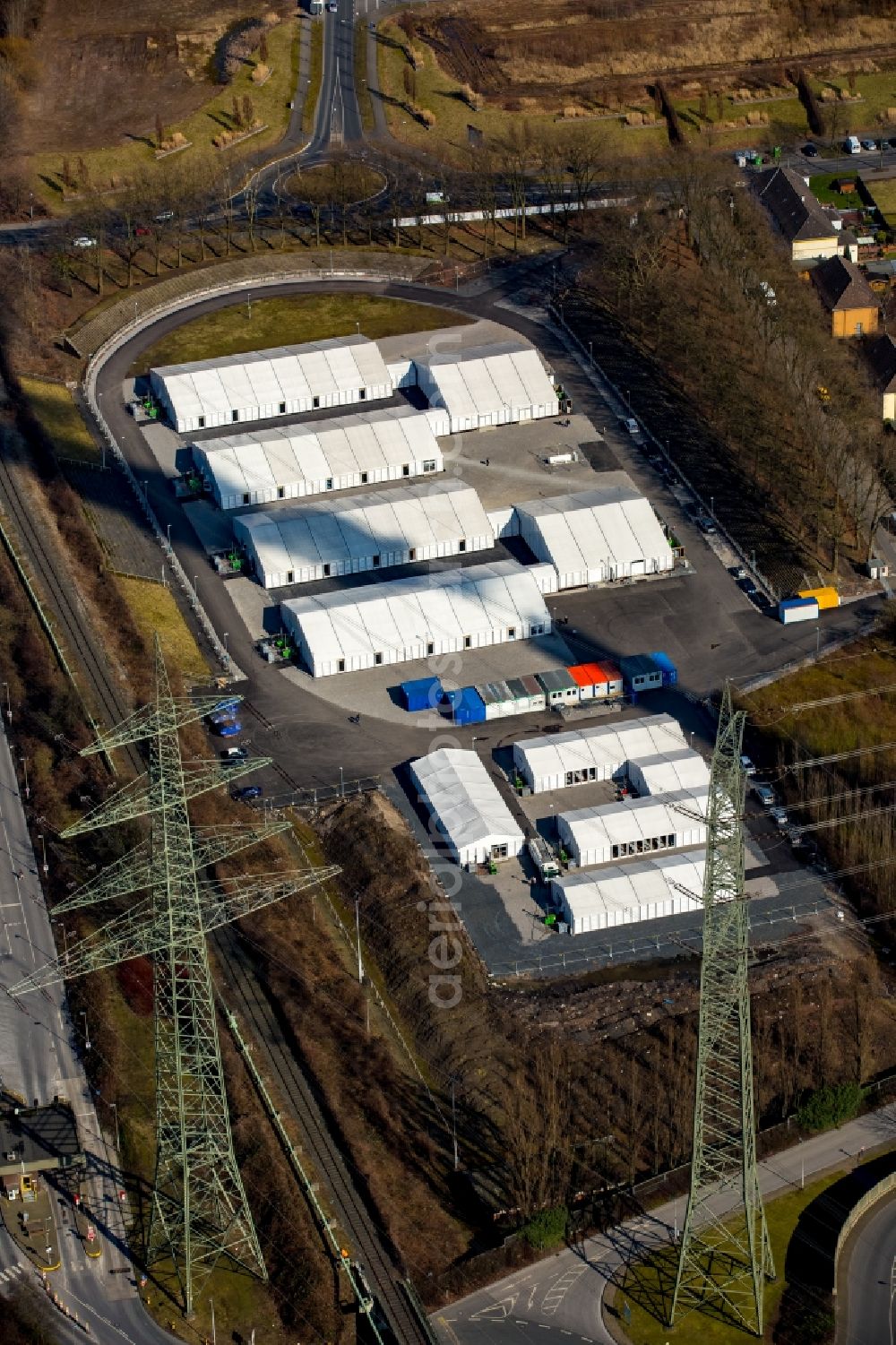 Essen from above - Refugees Home camp as temporary shelter in former stadium Mathias Stinnes in Essen in the state North Rhine-Westphalia