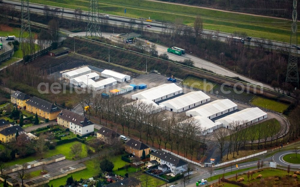 Aerial photograph Essen - Refugees Home camp as a temporary shelter on the stadium Mathias Stinnes on the B224 in Karnap district in Essen in North Rhine-Westphalia