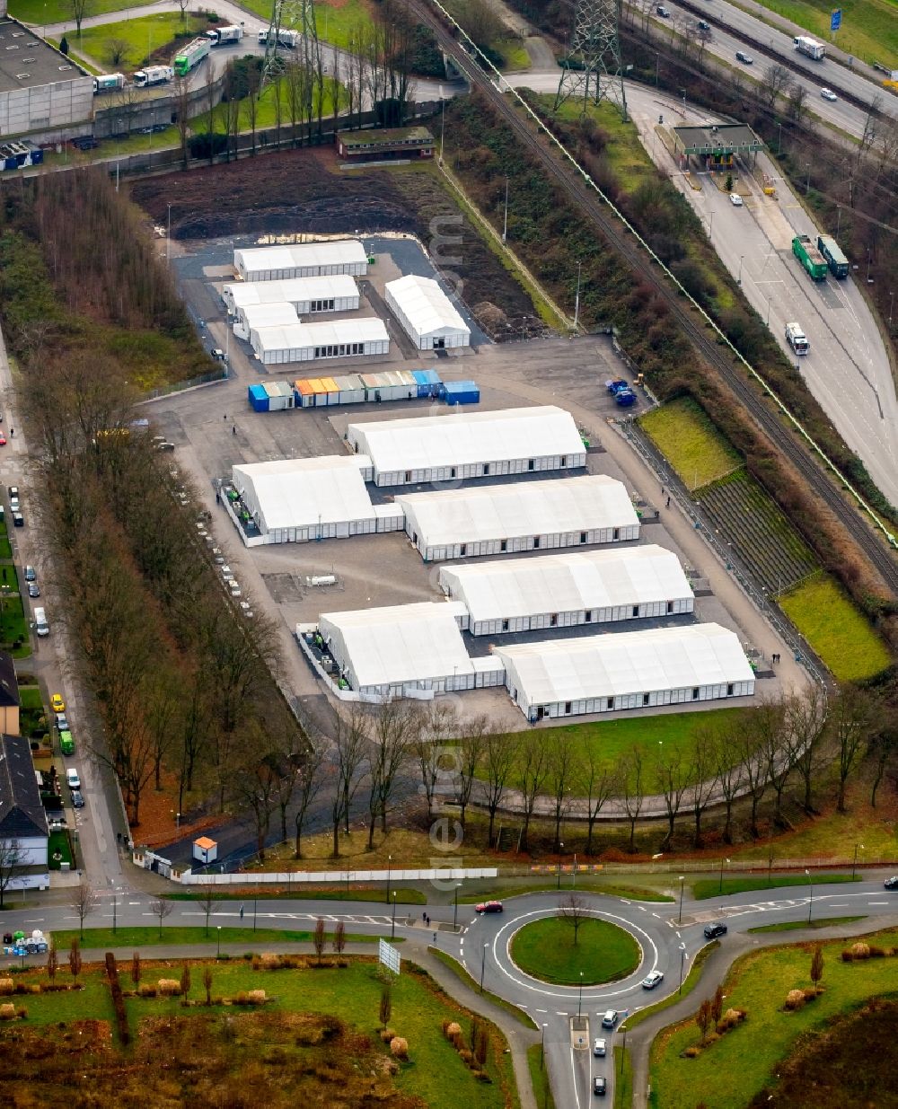 Essen from the bird's eye view: Refugees Home camp as a temporary shelter on the stadium Mathias Stinnes on the B224 in Karnap district in Essen in North Rhine-Westphalia