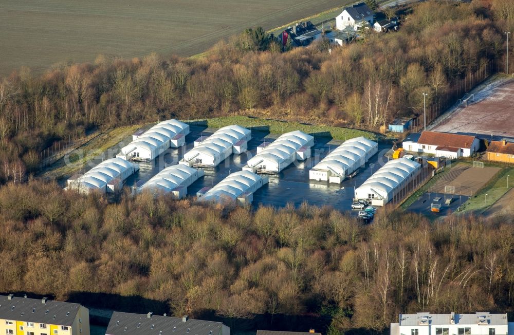 Aerial image Bochum - Refugee's home and asylum lodging tent camp as a temporary accommodation in the street, on the Esch in the district of Wattenscheid in Bochum in the federal state North Rhine-Westphalia