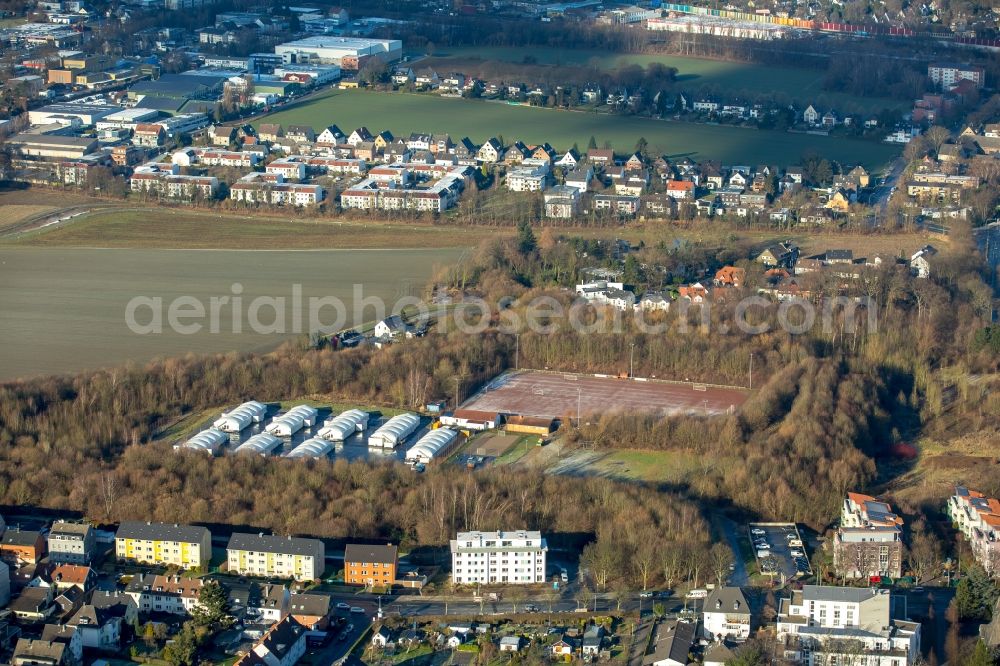 Aerial image Bochum - Refugee's home and asylum lodging tent camp as a temporary accommodation in the street, on the Esch in the district of Wattenscheid in Bochum in the federal state North Rhine-Westphalia