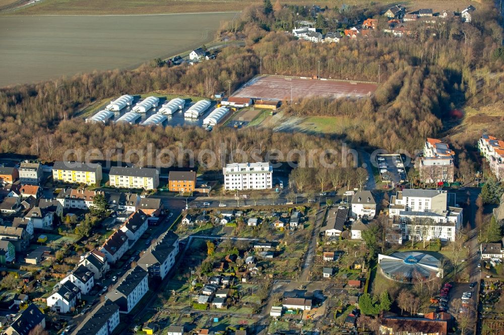 Aerial photograph Bochum - Refugee's home and asylum lodging tent camp as a temporary accommodation in the street, on the Esch in the district of Wattenscheid in Bochum in the federal state North Rhine-Westphalia