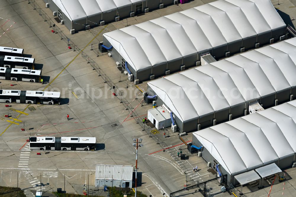 Berlin from above - Home and asylum accommodation tent camp as makeshift accommodation Ukraine Arrivals Center TXL in the district of Tegel in Berlin, Germany