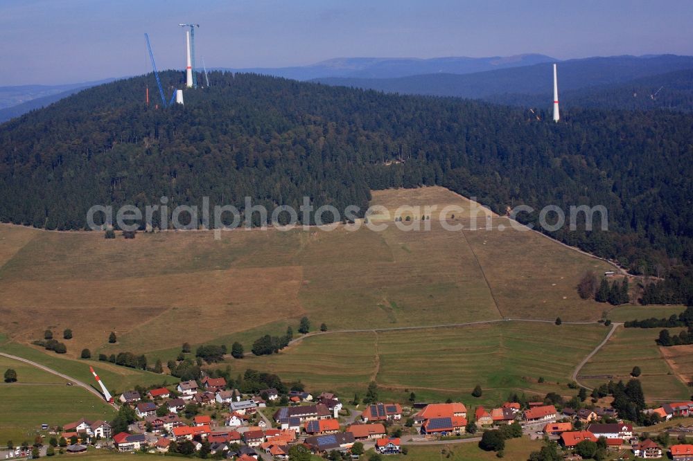 Schopfheim from the bird's eye view: A rotor blade of a wind turbine is moved to the construction site on the Rohrenkopf near Gersbach in Schopfheim in the state Baden-Wuerttemberg