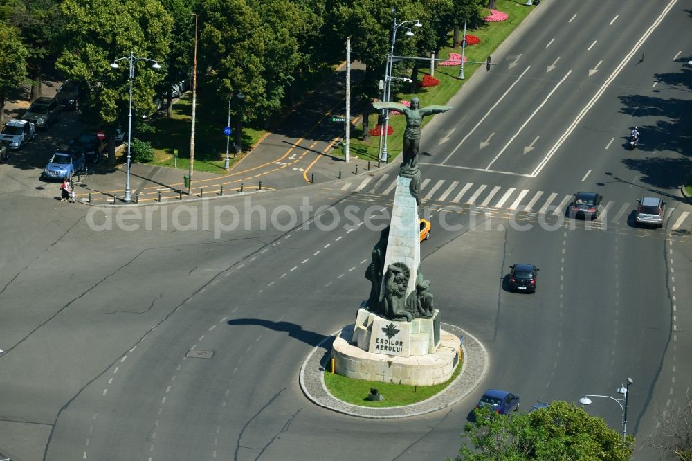 Bukarest from the bird's eye view: Aviator Monument (Eroilor Aerului) at the roundabout of Bulevardul Aviatorilor in the city center of the capital, Bucharest, Romania