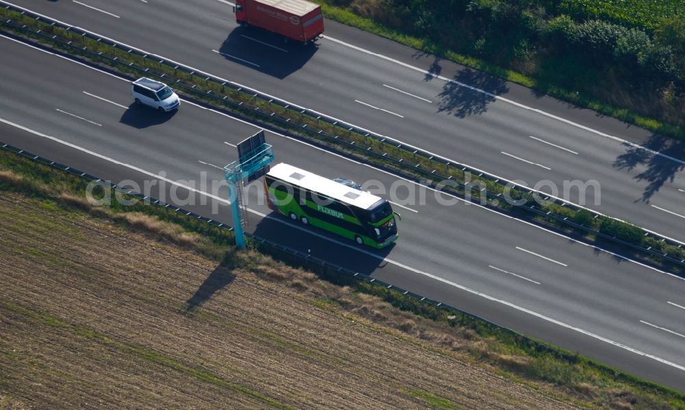 Aerial image Rosdorf - FLIXBus on motorway A 7 in Rosdorf in the state Lower Saxony