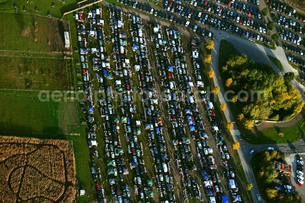 Klaistow from the bird's eye view: Rows of flea markets in the parking lot at the leisure center - amusement park asparagus and erlebnishof Klaistow on street Glindower Strasse in Klaistow in the state of Brandenburg