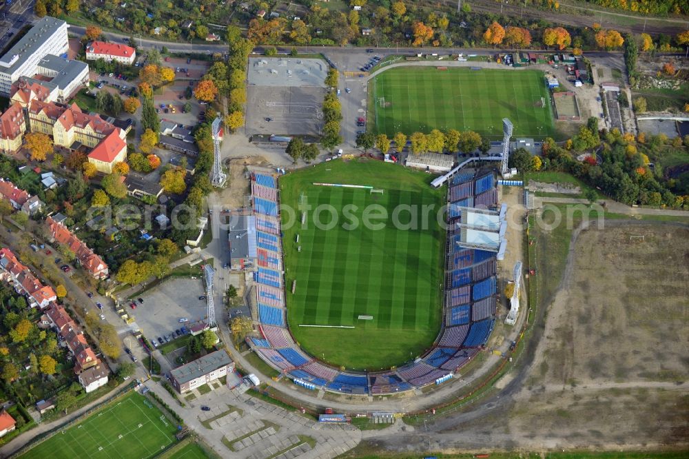 Stettin / Szczecin from the bird's eye view: View at the Florian-Krygier Stadium in Stettin / Szczecin in the wiowodschaft West Pomerania / Zachodniopomorskie in Poland. The stadium is the home ground of Pogon Szczecin