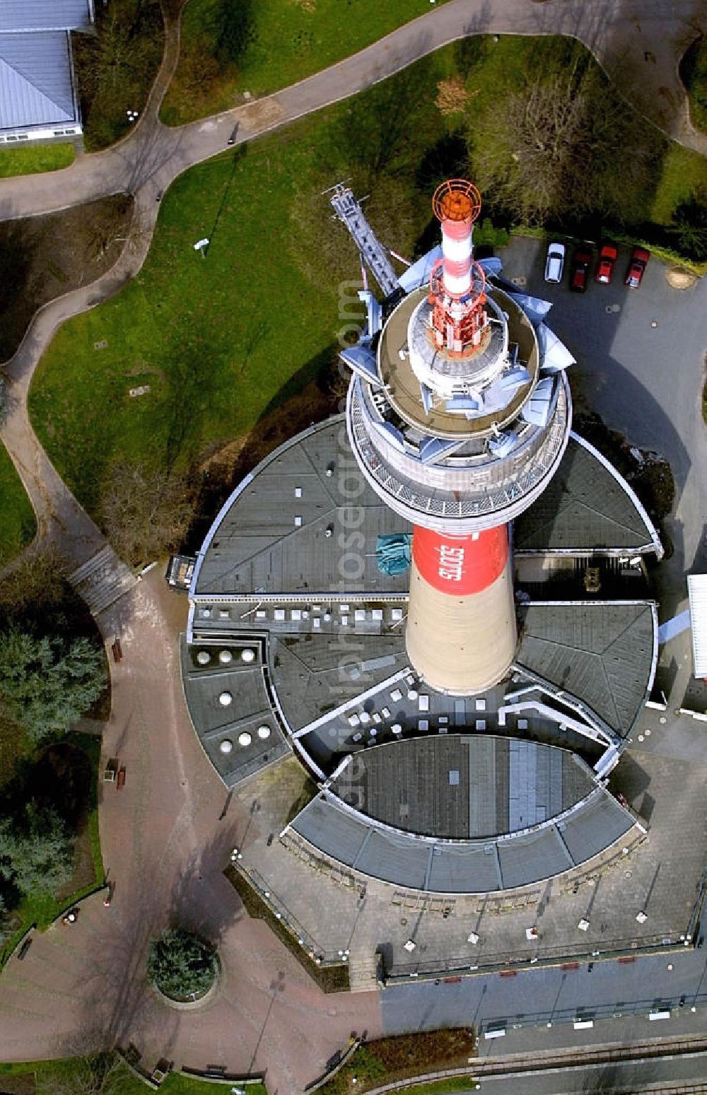 Aerial photograph Dortmund - Blick auf den Florianturm, kurz Florian, dem Wahrzeichen der Stadt Dortmund. Der Fernsehturm wurde 1959 anlässlich der Bundesgartenschau im Westfalenpark mit einer Höhe von 219,6 Metern errichtet. View of the tower Florian, Florian short, the landmark of the city of Dortmund. The TV tower was built in 1959 at the National Garden Festival in the Park Westphalia with a height of 219.6 meters built.