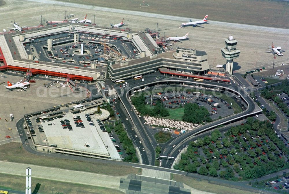 Berlin from the bird's eye view: Flight operations at the terminal of the airport Berlin - Tegel