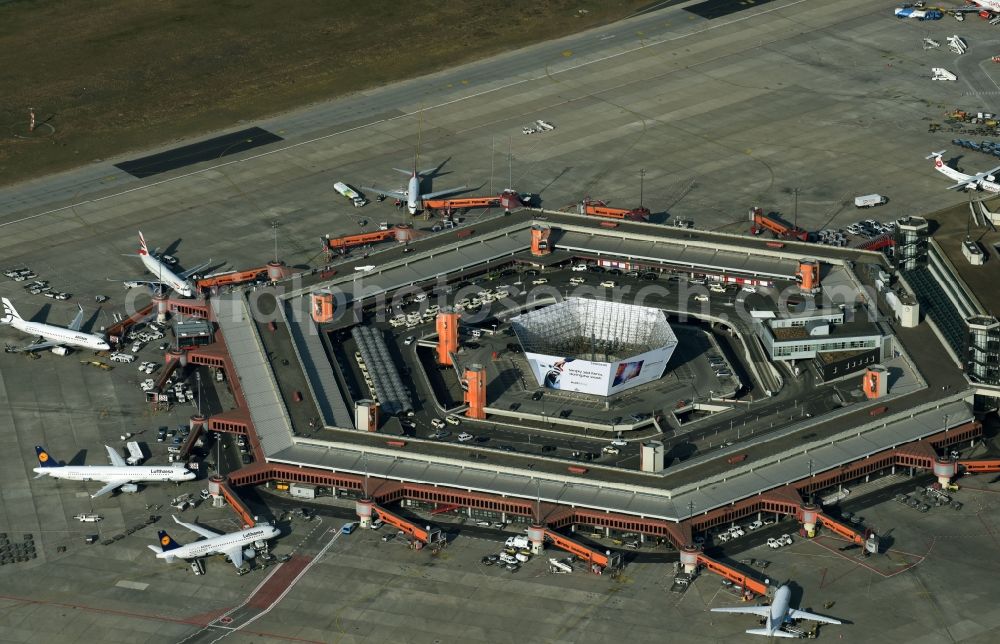 Berlin from above - Flight operations at the terminal of the airport Berlin - Tegel