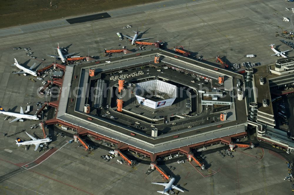 Berlin from the bird's eye view: Flight operations at the terminal of the airport Berlin - Tegel