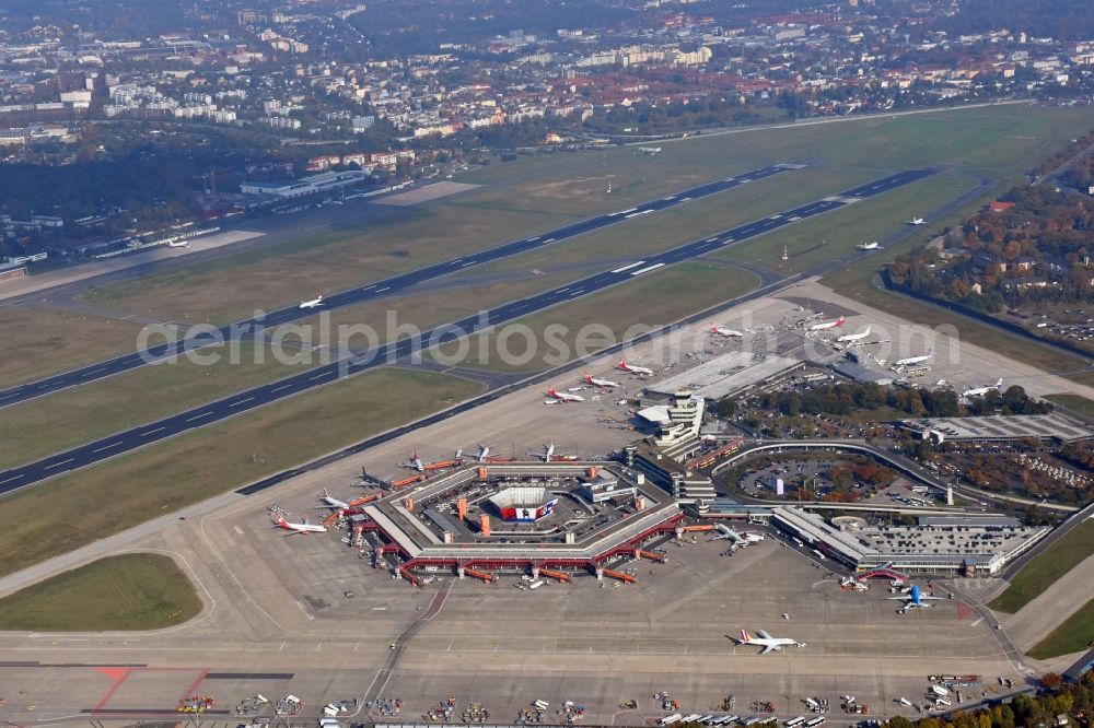 Berlin from the bird's eye view: Flight operations at the terminal of the airport Berlin - Tegel