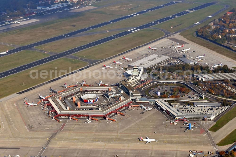 Aerial image Berlin - Flight operations at the terminal of the airport Berlin - Tegel