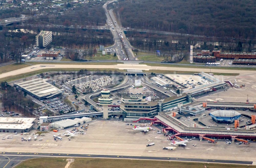 Berlin from above - Flight operations at the terminal of the airport Berlin - Tegel