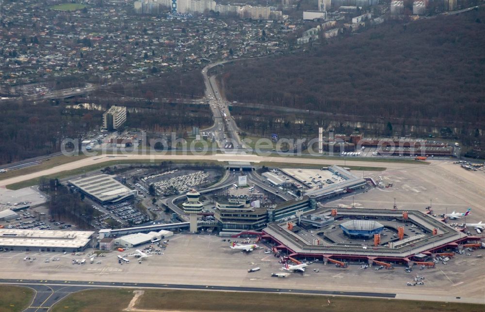 Berlin from the bird's eye view: Flight operations at the terminal of the airport Berlin - Tegel