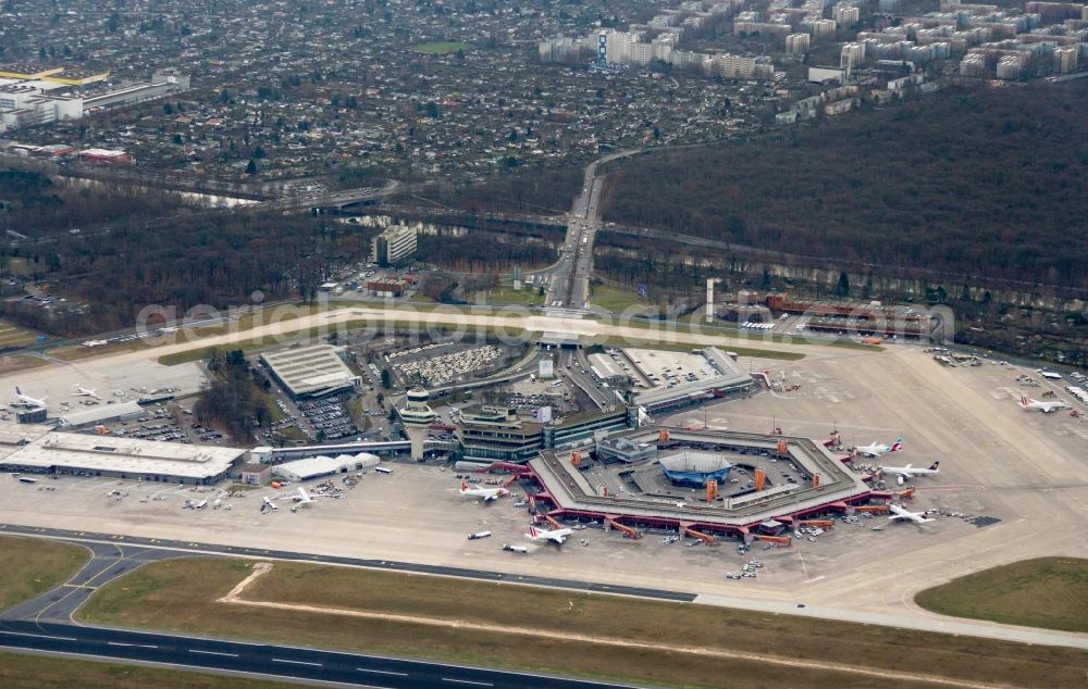 Berlin from above - Flight operations at the terminal of the airport Berlin - Tegel