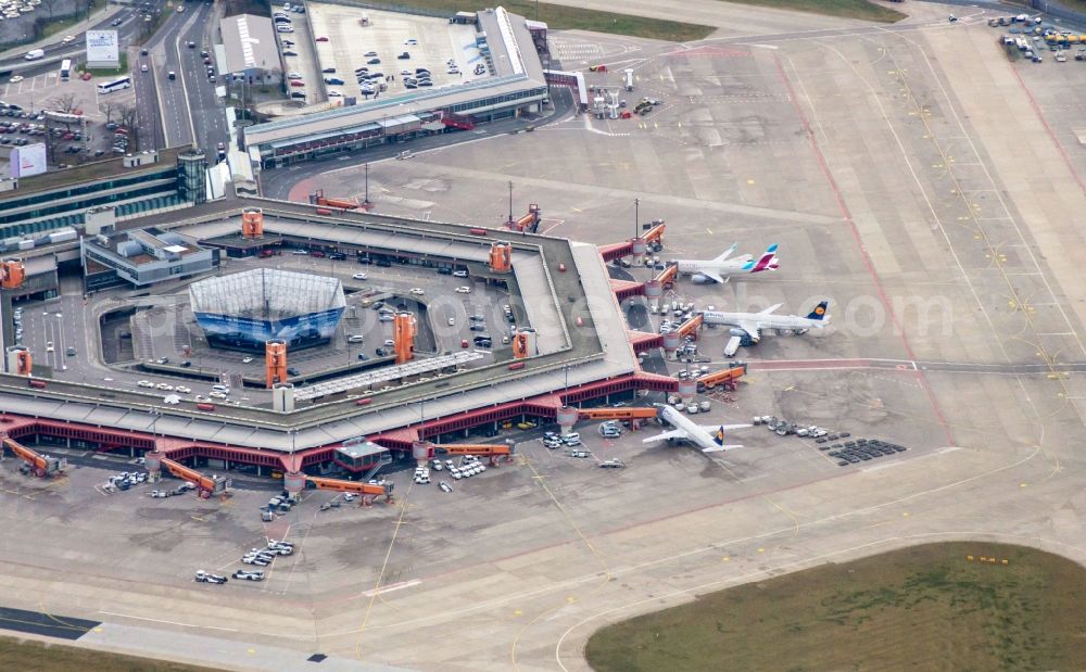 Aerial image Berlin - Flight operations at the terminal of the airport Berlin - Tegel