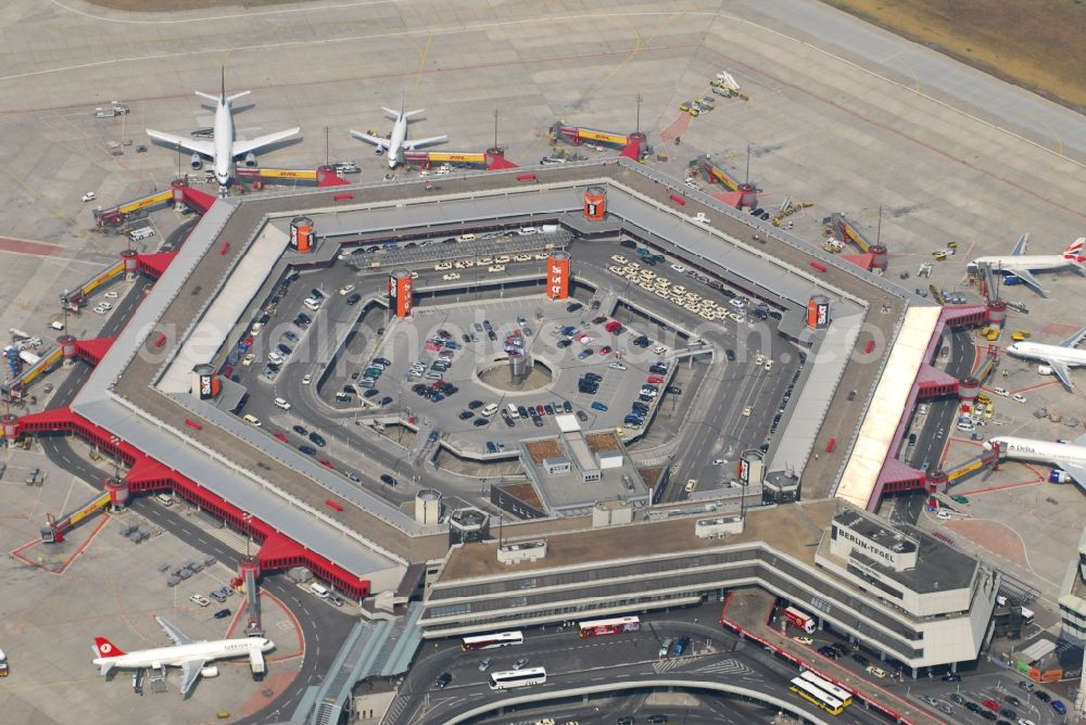 Berlin from above - Flight operations at the terminal of the airport Berlin - Tegel