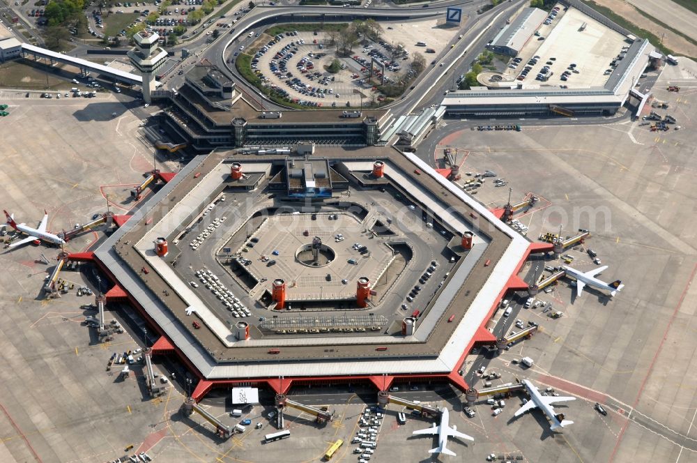 Berlin from the bird's eye view: Flight operations at the terminal of the airport Berlin - Tegel