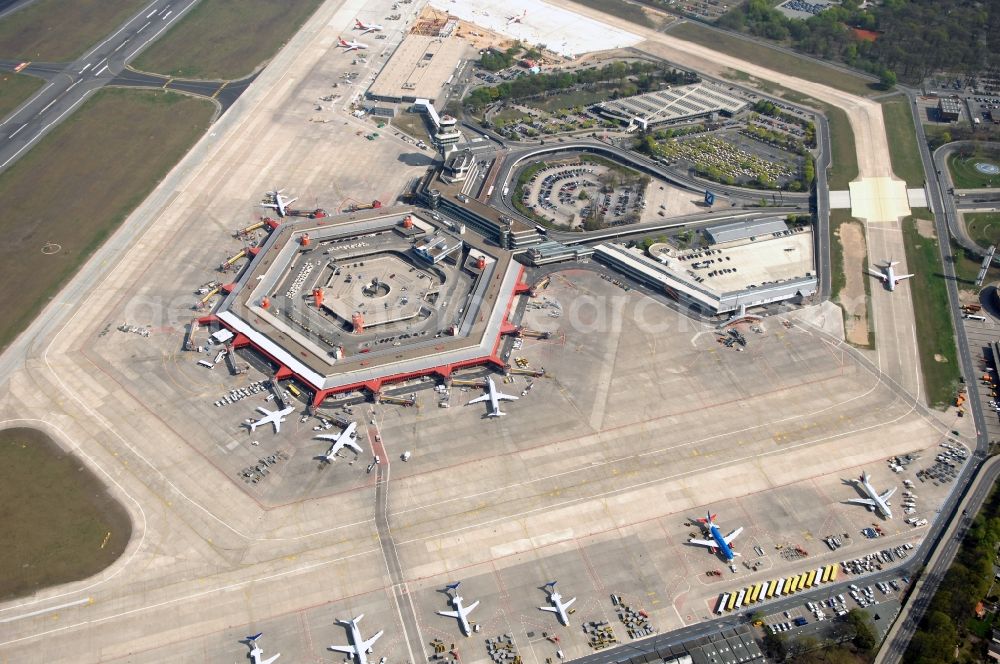 Aerial image Berlin - Flight operations at the terminal of the airport Berlin - Tegel