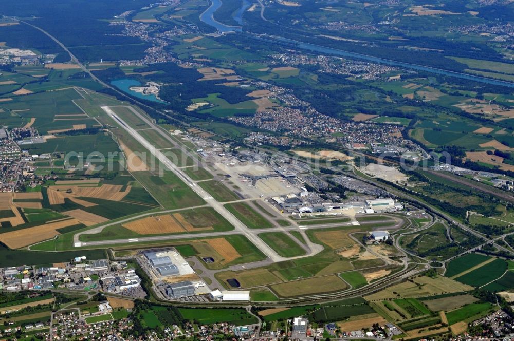 Basel from the bird's eye view: View of the EuroAirport Basel-Mulhouse-Freiburg in the départment Haut-Rhin of the region Alsace in France. It is the only airport in the world operated jointly by two countries, France and Switzerland