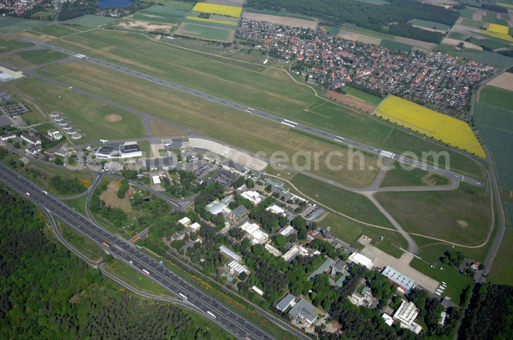 Braunschweig from the bird's eye view: Blick auf den Flughafen Braunschweig - Wolfsburg. Kontakt: Flughafen Braunschweig-Wolfsburg GmbH, Lilienthalplatz 5, 38108 Braunschweig, Tel. +49 (0) 531 354 40-0; Fax +49 (0) 531 354 40-45, E-Mail: info@flughafen-braunschweig-wolfsburg.de