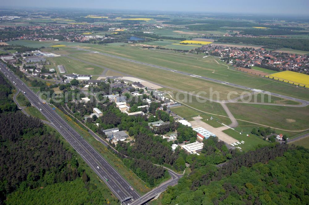 Aerial image Braunschweig - Blick auf den Flughafen Braunschweig - Wolfsburg. Kontakt: Flughafen Braunschweig-Wolfsburg GmbH, Lilienthalplatz 5, 38108 Braunschweig, Tel. +49 (0) 531 354 40-0; Fax +49 (0) 531 354 40-45, E-Mail: info@flughafen-braunschweig-wolfsburg.de