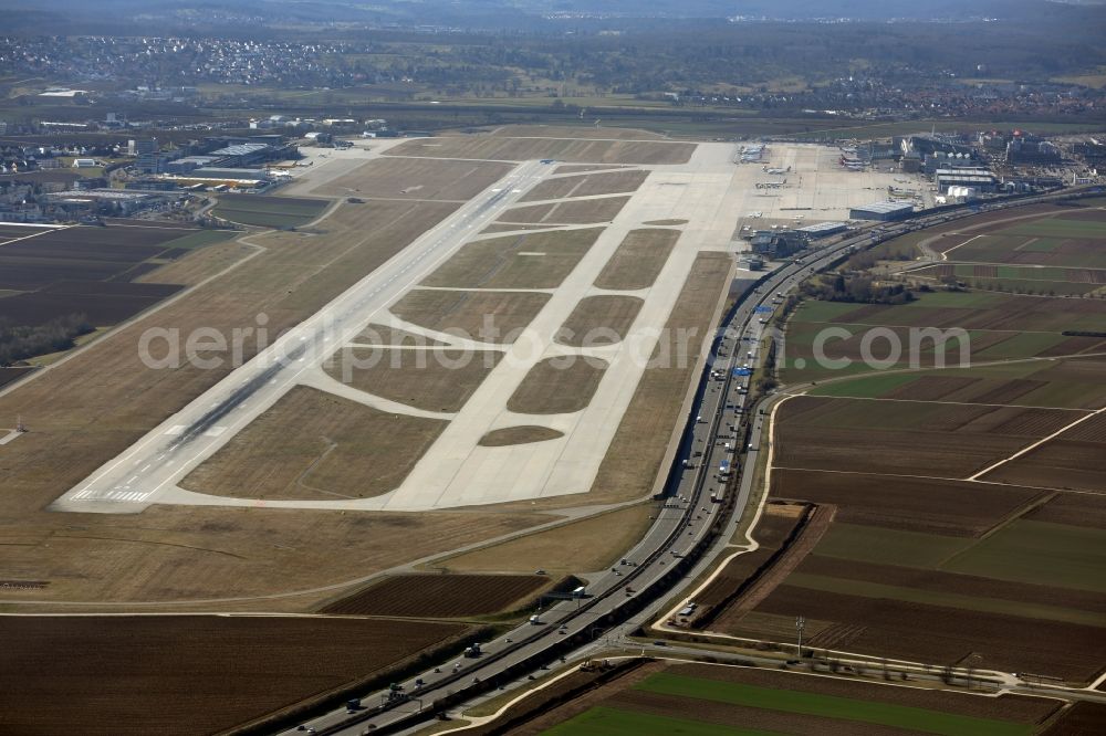 Stuttgart from the bird's eye view: Runway of Stuttgart Airport ( IATA: STR, ICAO code: EDDS ) in the state of Baden-Wuerttemberg