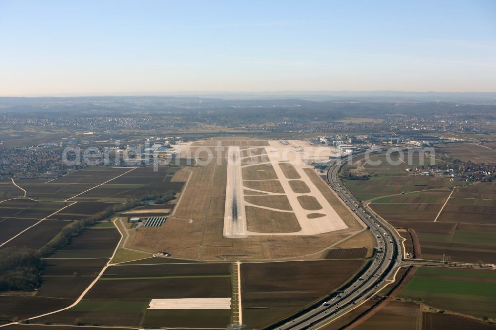 Aerial image Stuttgart - Runway of Stuttgart Airport ( IATA: STR, ICAO code: EDDS ) in the state of Baden-Wuerttemberg