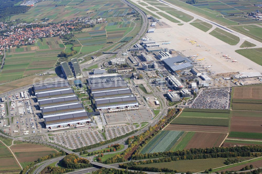 Aerial image Stuttgart - Blick auf den Flughafen Stuttgart mit dem angrenzenden Messegelände. General view from the grounds of the airport Stuttgart.