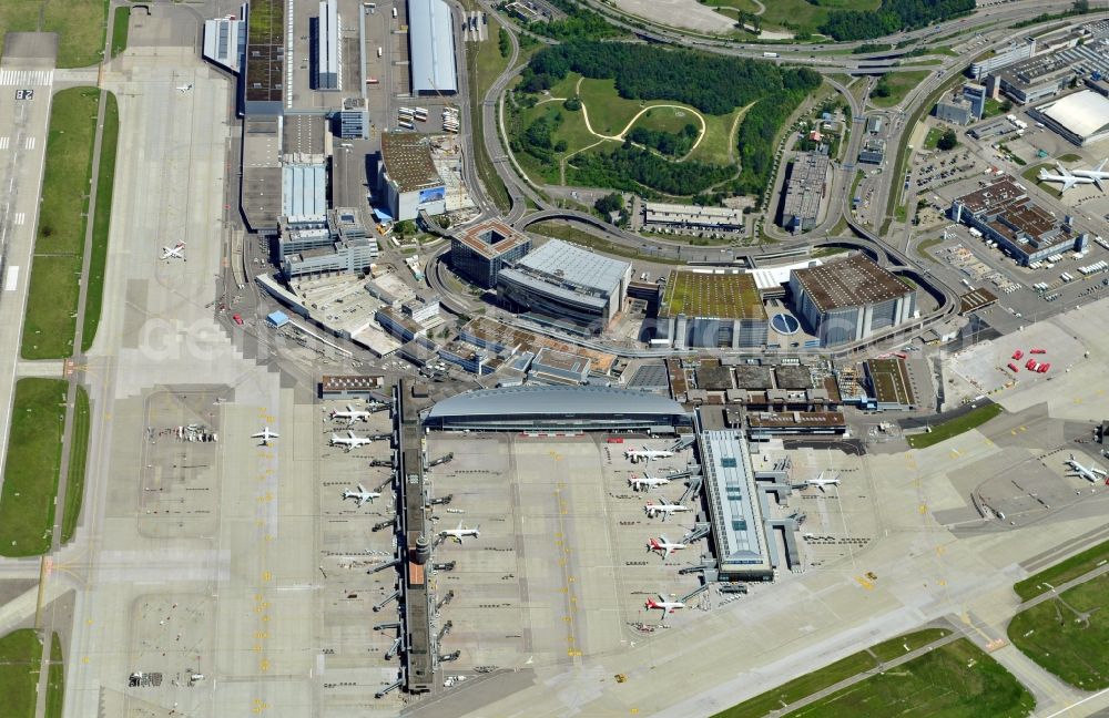 Aerial image Zürich - View of the Zurich Airport in the city Zurich in the Switzerland. It is Switzerland's largest international airport and the principal hub of Swiss International Air Lines. The airport is owned by Flughafen Zürich AG