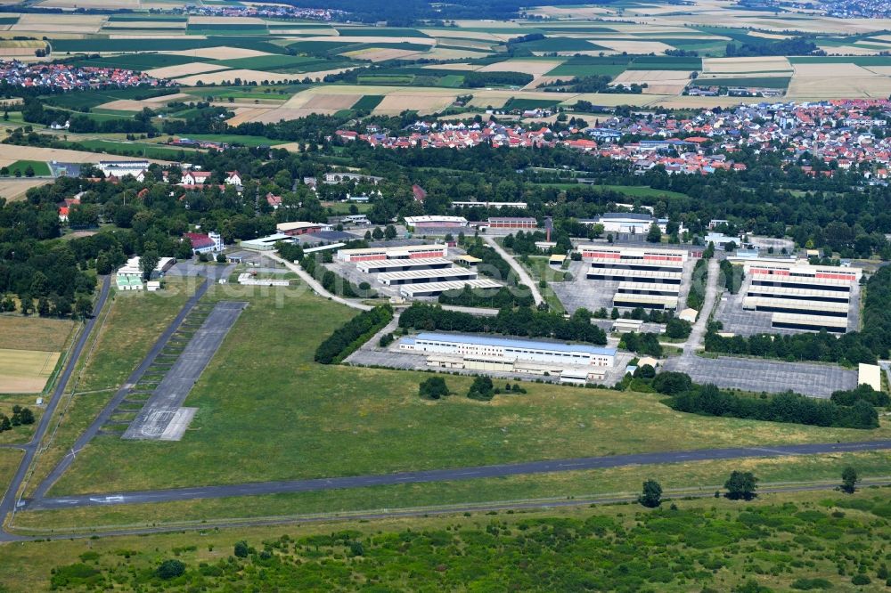 Geldersheim from above - Runway with tarmac terrain of airfield Conn Barracks in Geldersheim in the state Bavaria, Germany