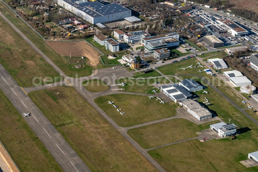 Freiburg im Breisgau from above - Runway with tarmac terrain of airfield (EDTF) in Freiburg im Breisgau in the state Baden-Wurttemberg, Germany