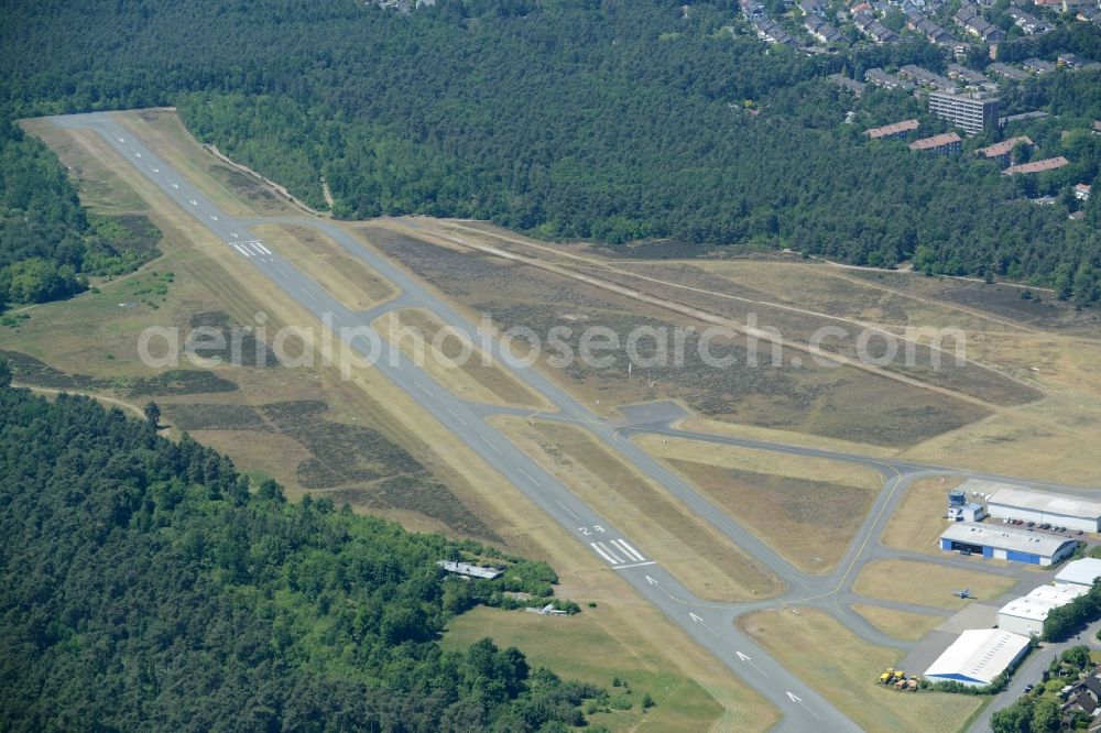 Aerial image Bielefeld - Runway with tarmac terrain of airfield Flughafen Bielefeld GmbH in Bielefeld in the state North Rhine-Westphalia