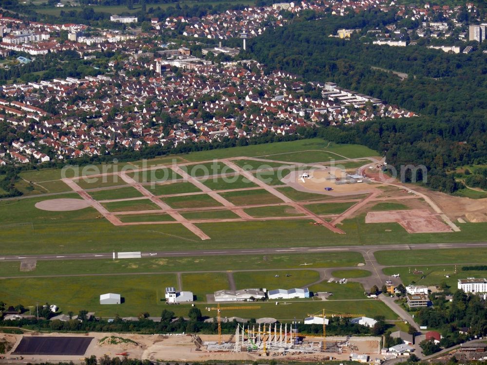 Freiburg im Breisgau from above - Runway with tarmac terrain of airfield in Freiburg im Breisgau in the state Baden-Wuerttemberg, Germany