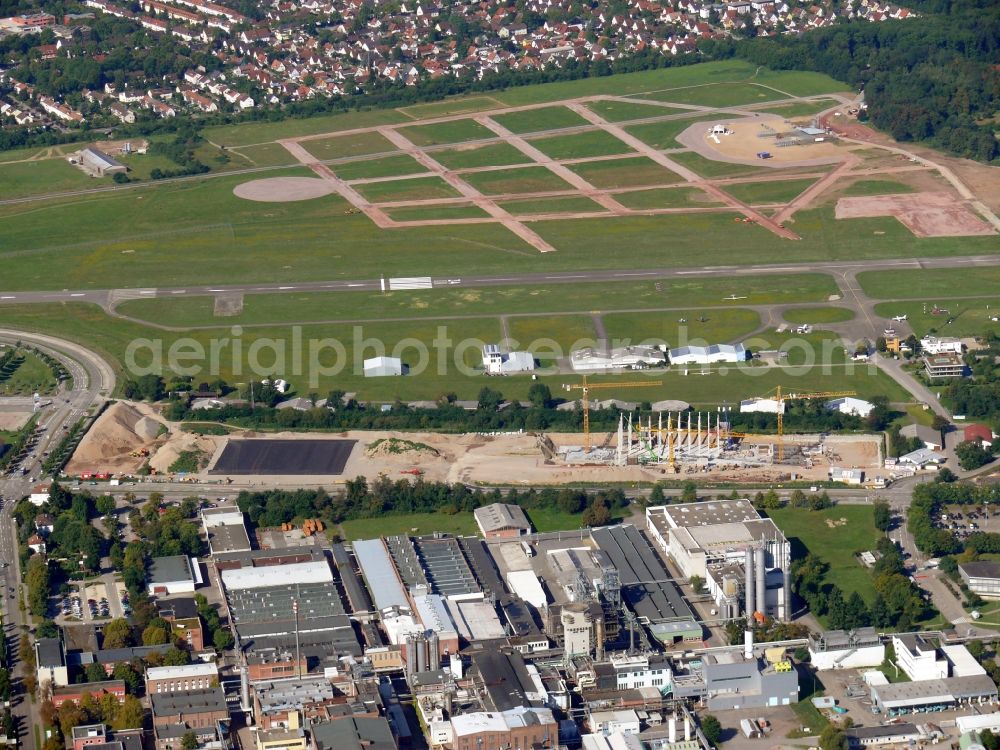 Freiburg im Breisgau from the bird's eye view: Runway with tarmac terrain of airfield in Freiburg im Breisgau in the state Baden-Wuerttemberg, Germany