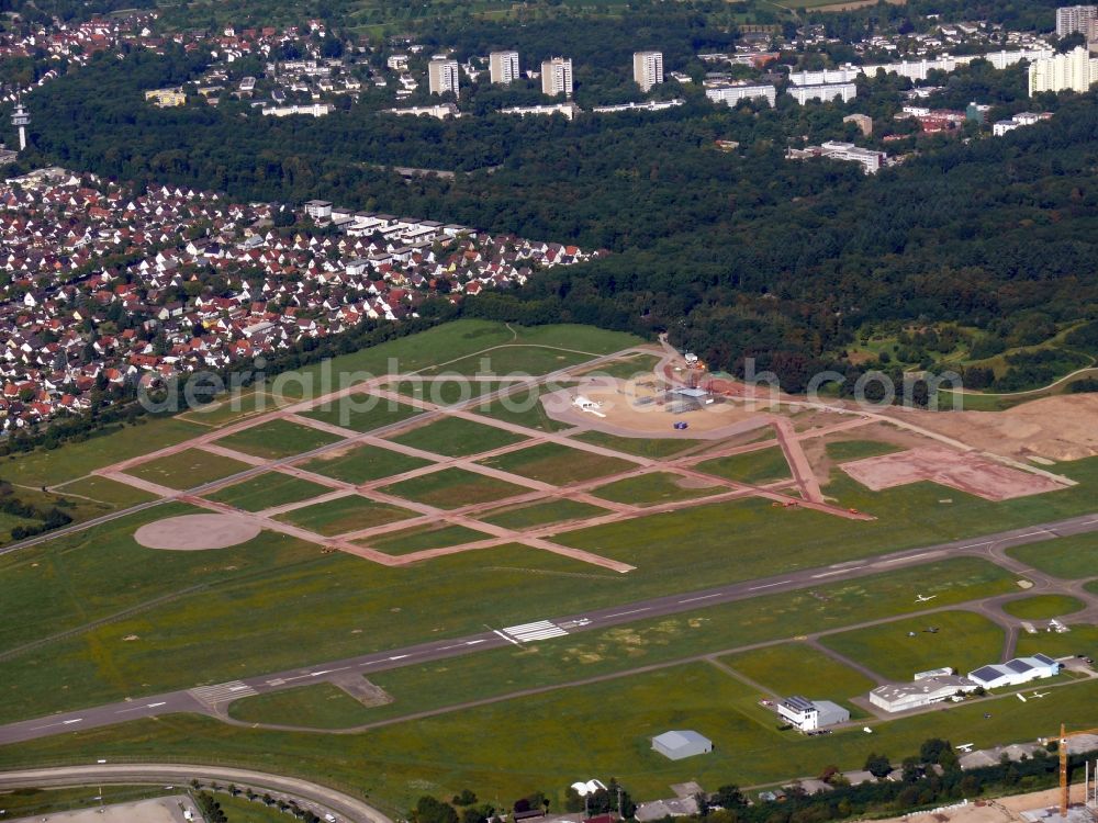 Freiburg im Breisgau from the bird's eye view: Runway with tarmac terrain of airfield in Freiburg im Breisgau in the state Baden-Wuerttemberg, Germany