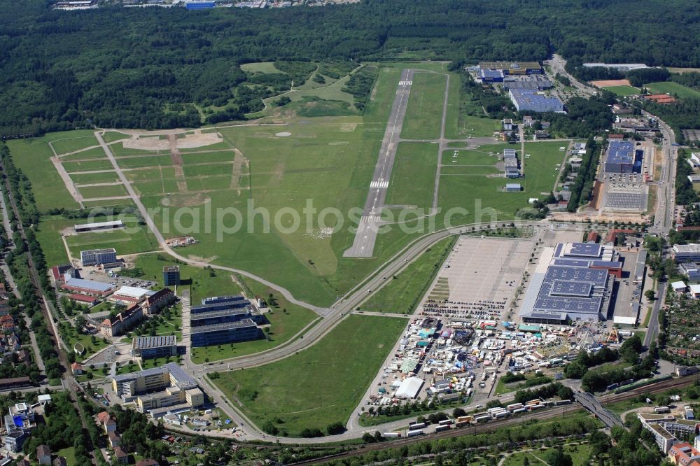 Aerial image Freiburg im Breisgau - Runway with tarmac terrain of airfield in Freiburg im Breisgau in the state Baden-Wuerttemberg, Germany