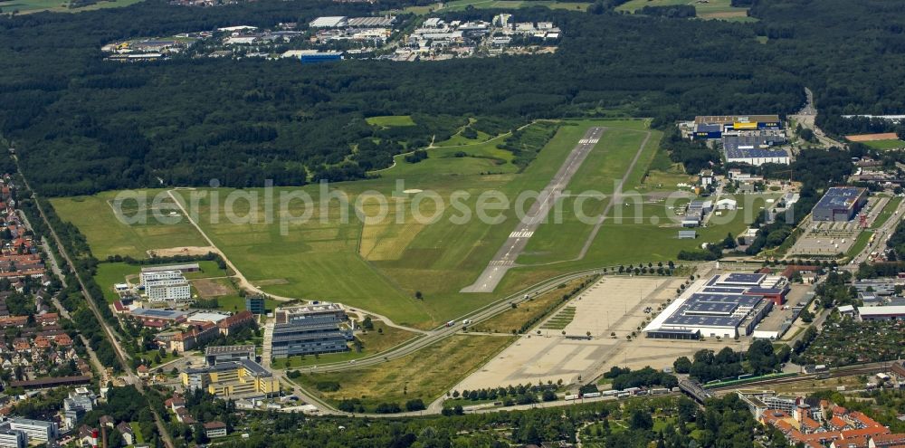 Freiburg im Breisgau from above - Runway with tarmac terrain of airfield in Freiburg im Breisgau in the state Baden-Wuerttemberg, Germany