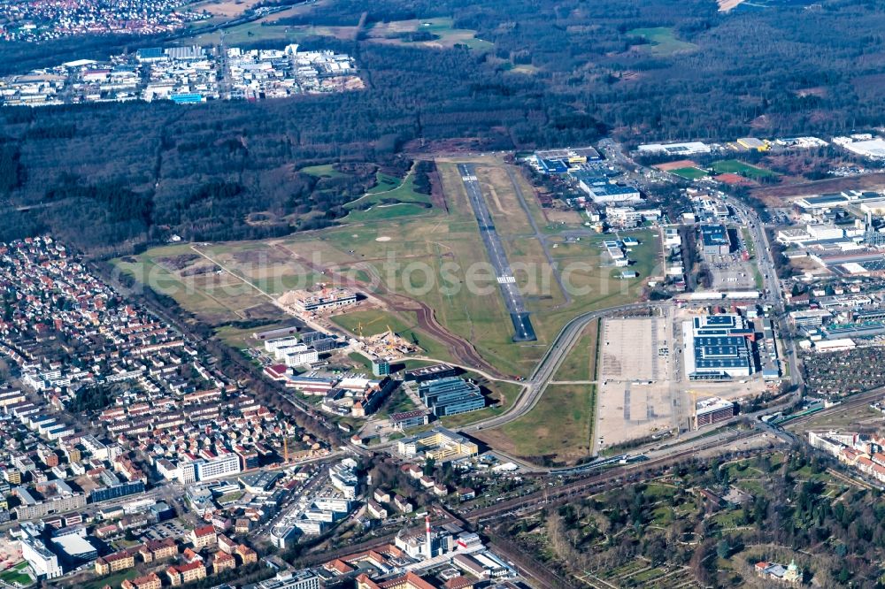 Aerial photograph Freiburg im Breisgau - Runway with tarmac terrain of airfield in Freiburg im Breisgau in the state Baden-Wuerttemberg, Germany