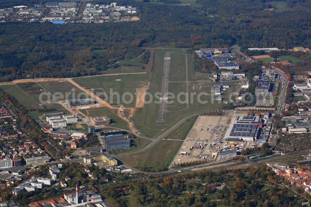 Freiburg im Breisgau from above - Runway with tarmac terrain of airfield in Freiburg im Breisgau in the state Baden-Wurttemberg, Germany