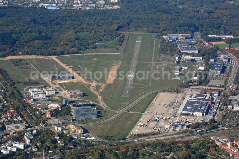 Freiburg im Breisgau from the bird's eye view: Runway with tarmac terrain of airfield in Freiburg im Breisgau in the state Baden-Wurttemberg, Germany