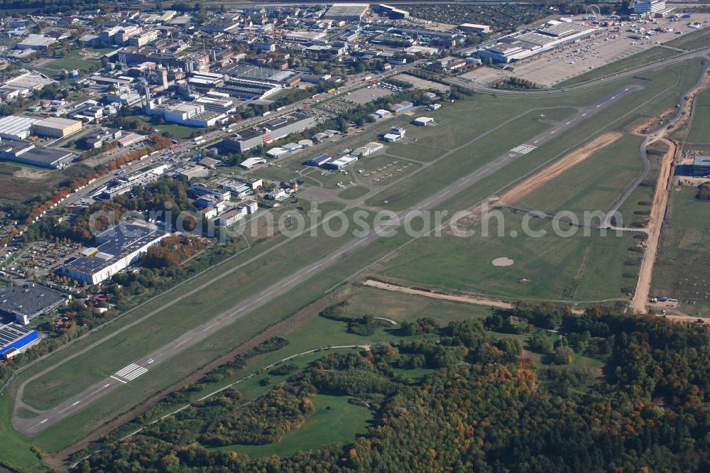 Freiburg im Breisgau from the bird's eye view: Runway with tarmac terrain of airfield in Freiburg im Breisgau in the state Baden-Wurttemberg, Germany