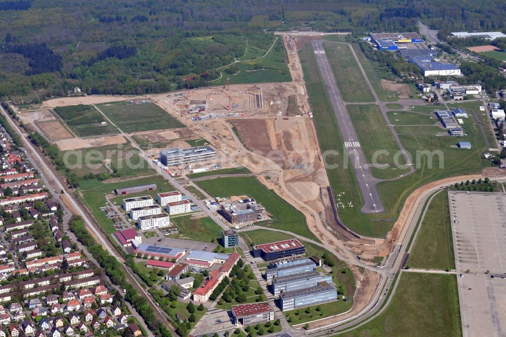 Freiburg im Breisgau from above - Runway with tarmac terrain of airfield in Freiburg im Breisgau in the state Baden-Wurttemberg, Germany