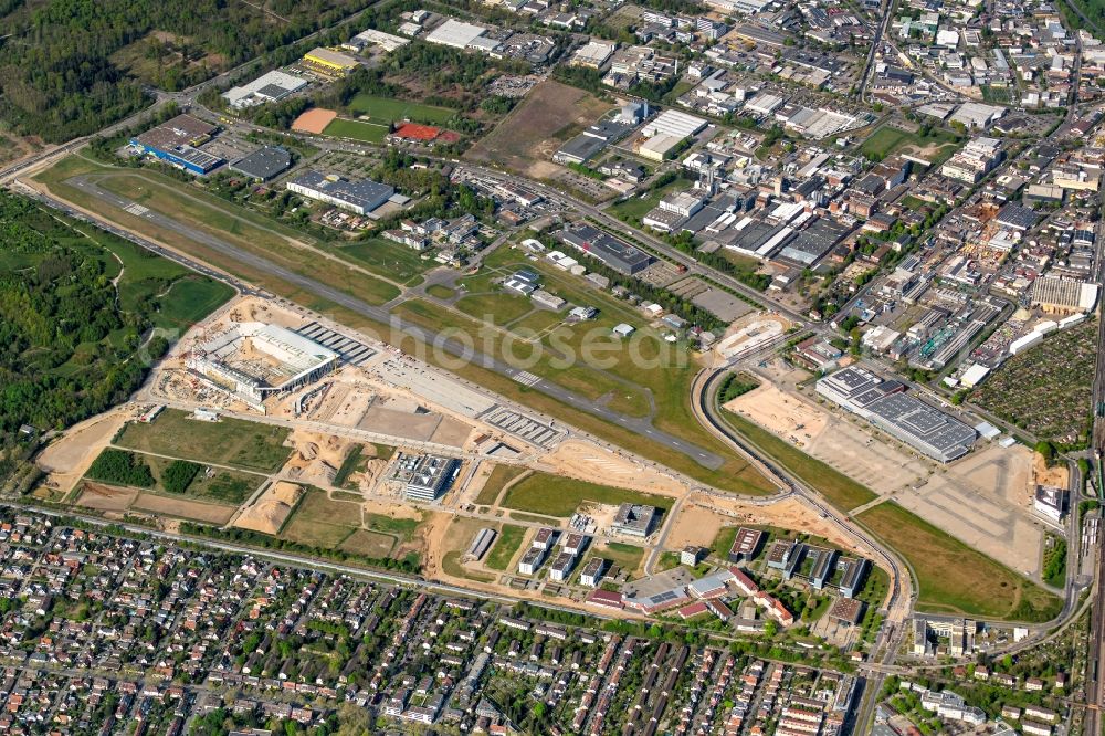 Freiburg im Breisgau from above - Runway with tarmac terrain of airfield in Freiburg im Breisgau in the state Baden-Wuerttemberg, Germany