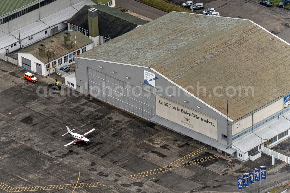 Lahr/Schwarzwald from above - Airfield hangars of Lahrer Flugbetriebs GmbH & Co. KG in Lahr/Schwarzwald in the state Baden-Wuerttemberg, Germany