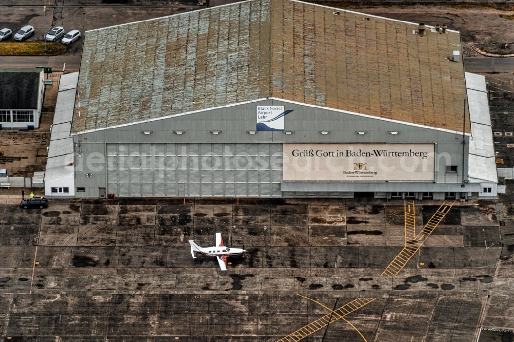 Lahr/Schwarzwald from the bird's eye view: Airfield hangars of Lahrer Flugbetriebs GmbH & Co. KG in Lahr/Schwarzwald in the state Baden-Wuerttemberg, Germany