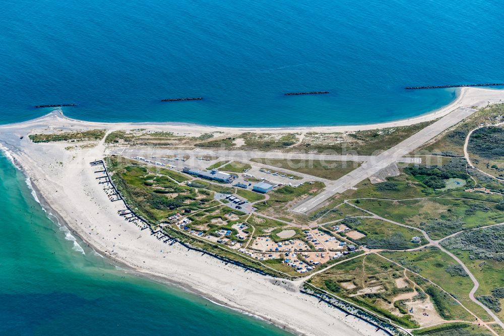 Helgoland from the bird's eye view: Runway with tarmac terrain of airfield Duene in Helgoland in the state Schleswig-Holstein, Germany